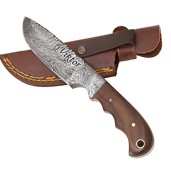 Exkluzív kés damaszkuszi acélból, rögzített pengével és diófa markolattal