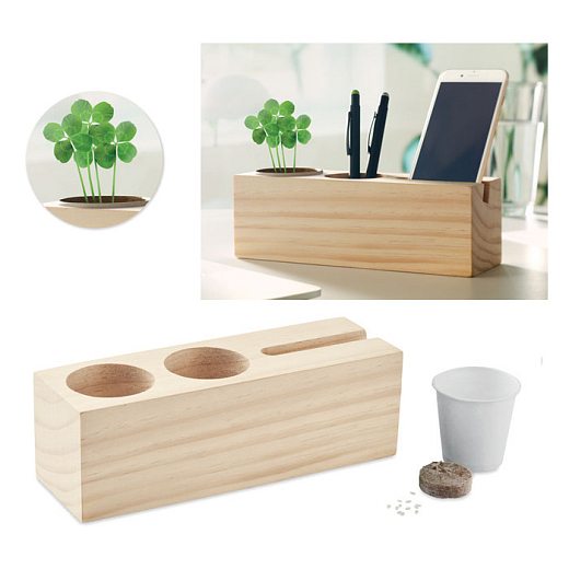 Fából készült íróasztali szervező növényekkel